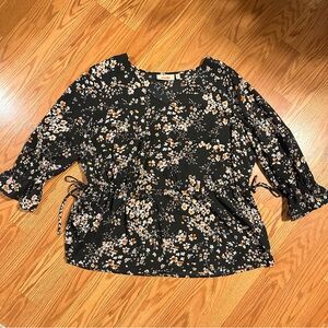 Evri Floral Black Tie Side 3/4 sleeve V-Neck Top size 1X